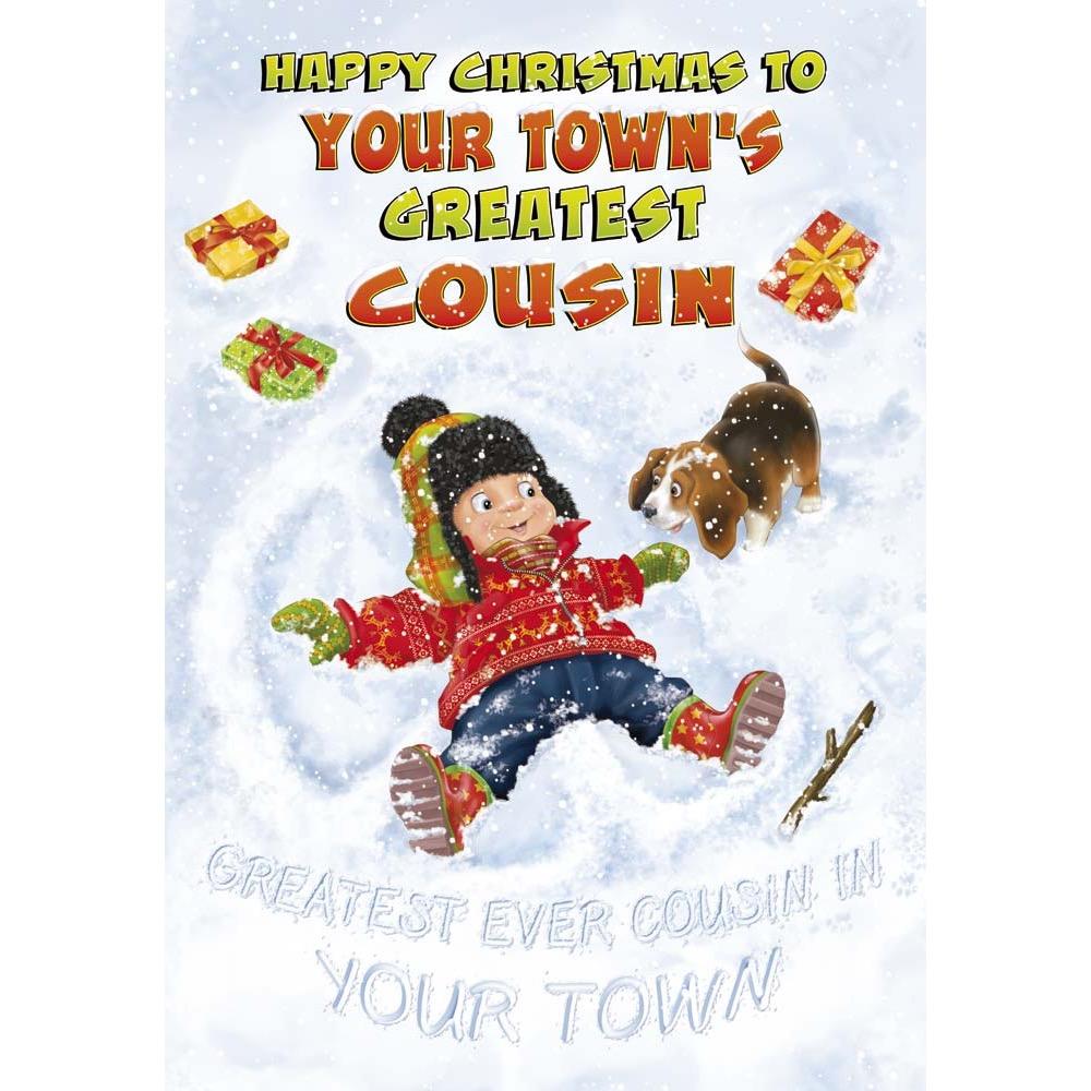 funny christmas card for a cousin male with a colourful cartoon illustration