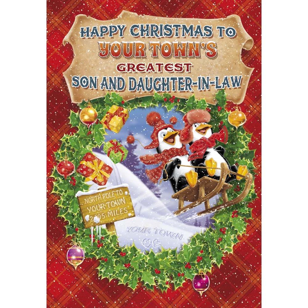 funny christmas card for a son and dil with a colourful cartoon illustration