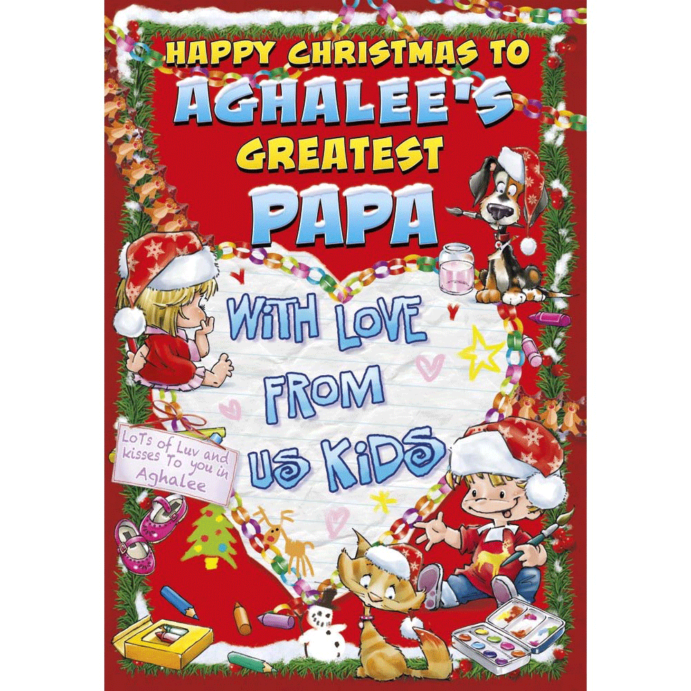 front of card showing a selection of different personalisations of this cartoon christmas card for a papa