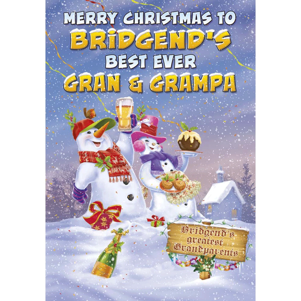 front of card showing a selection of different personalisations of this cartoon christmas card for a gran and grampa