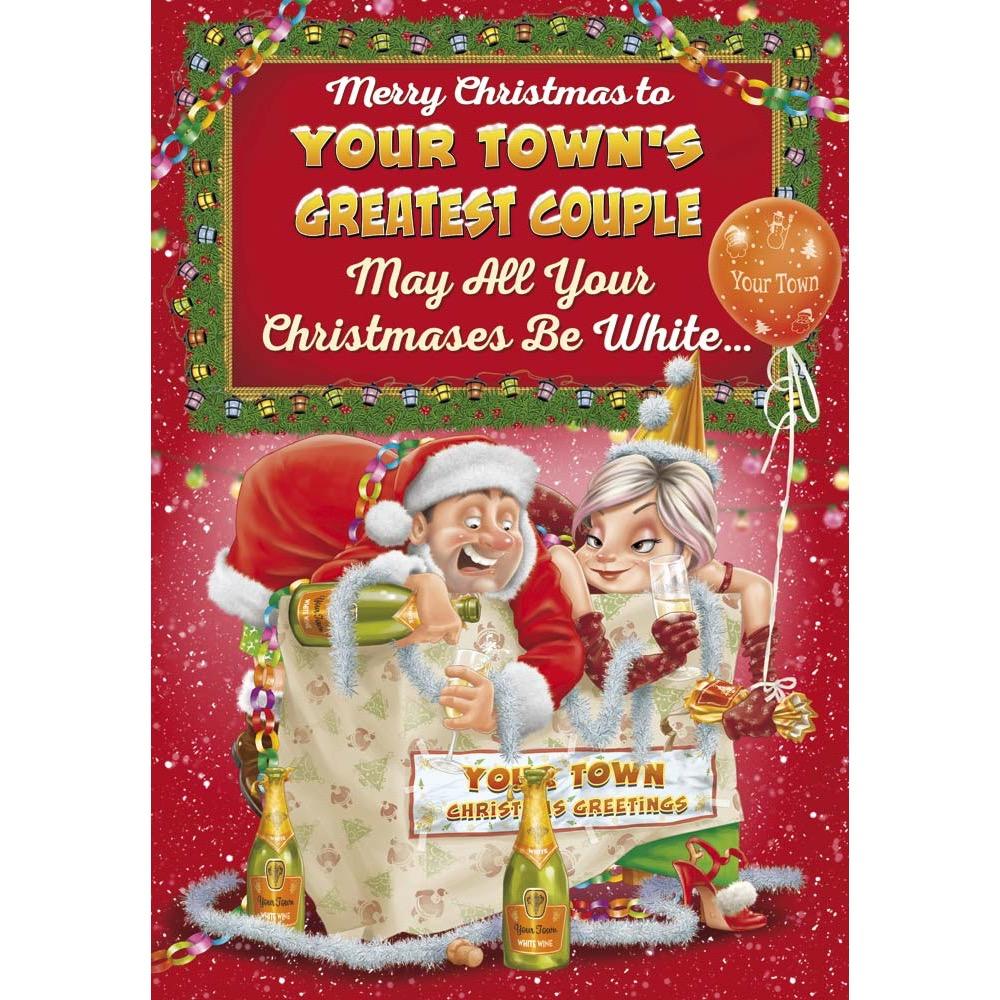 funny christmas card for a special couple with a colourful cartoon illustration