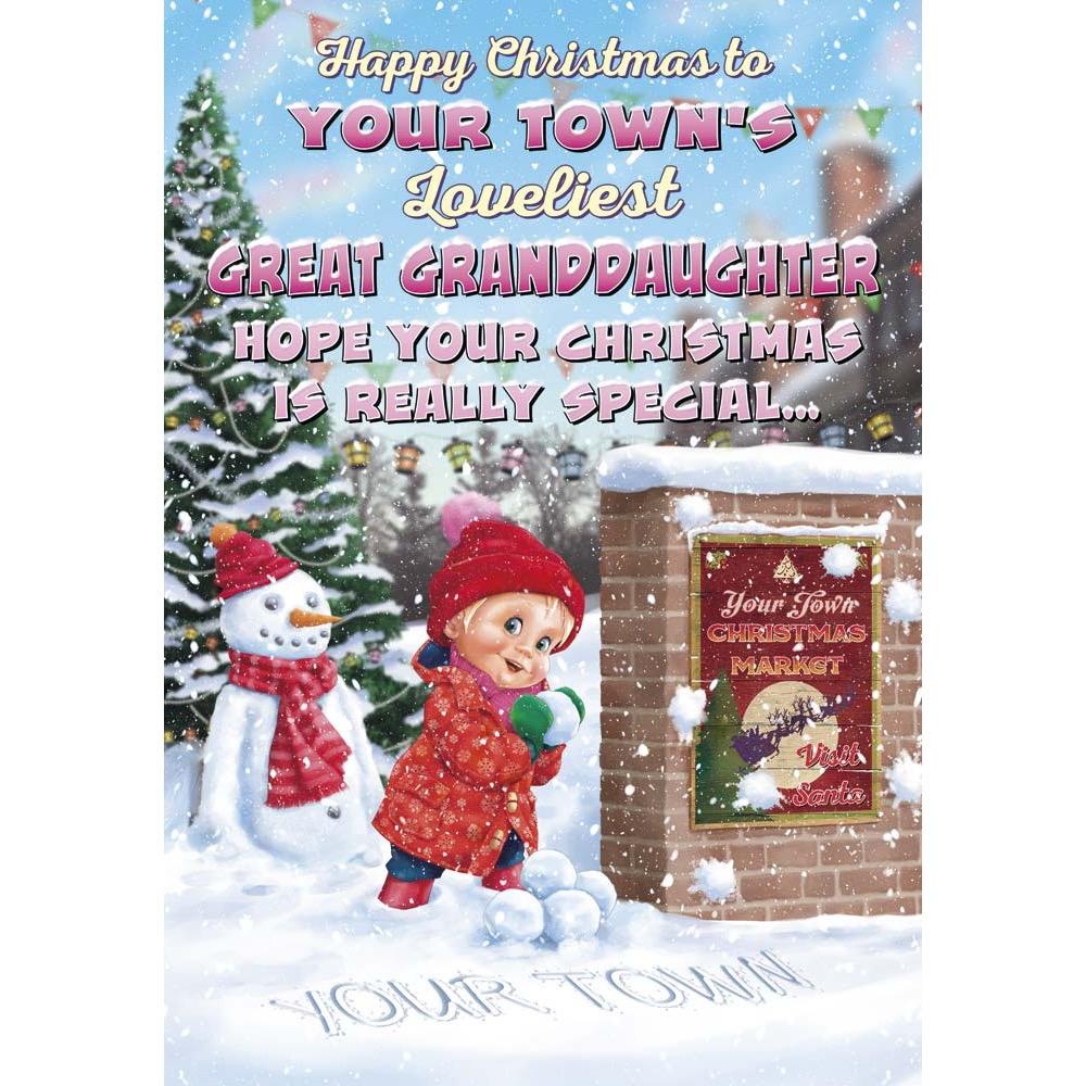 funny christmas card for a great granddaughter with a colourful cartoon illustration