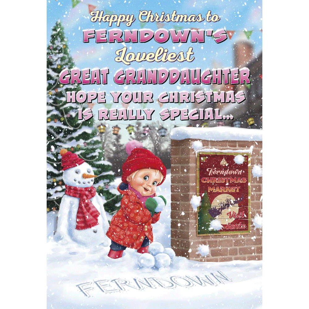 front of card showing a selection of different personalisations of this cartoon christmas card for a great granddaughter