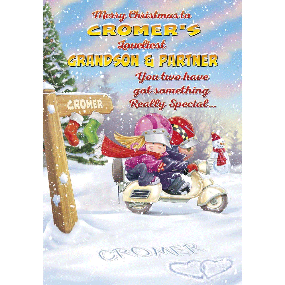 front of card showing a selection of different personalisations of this cartoon christmas card for a grandson and partner
