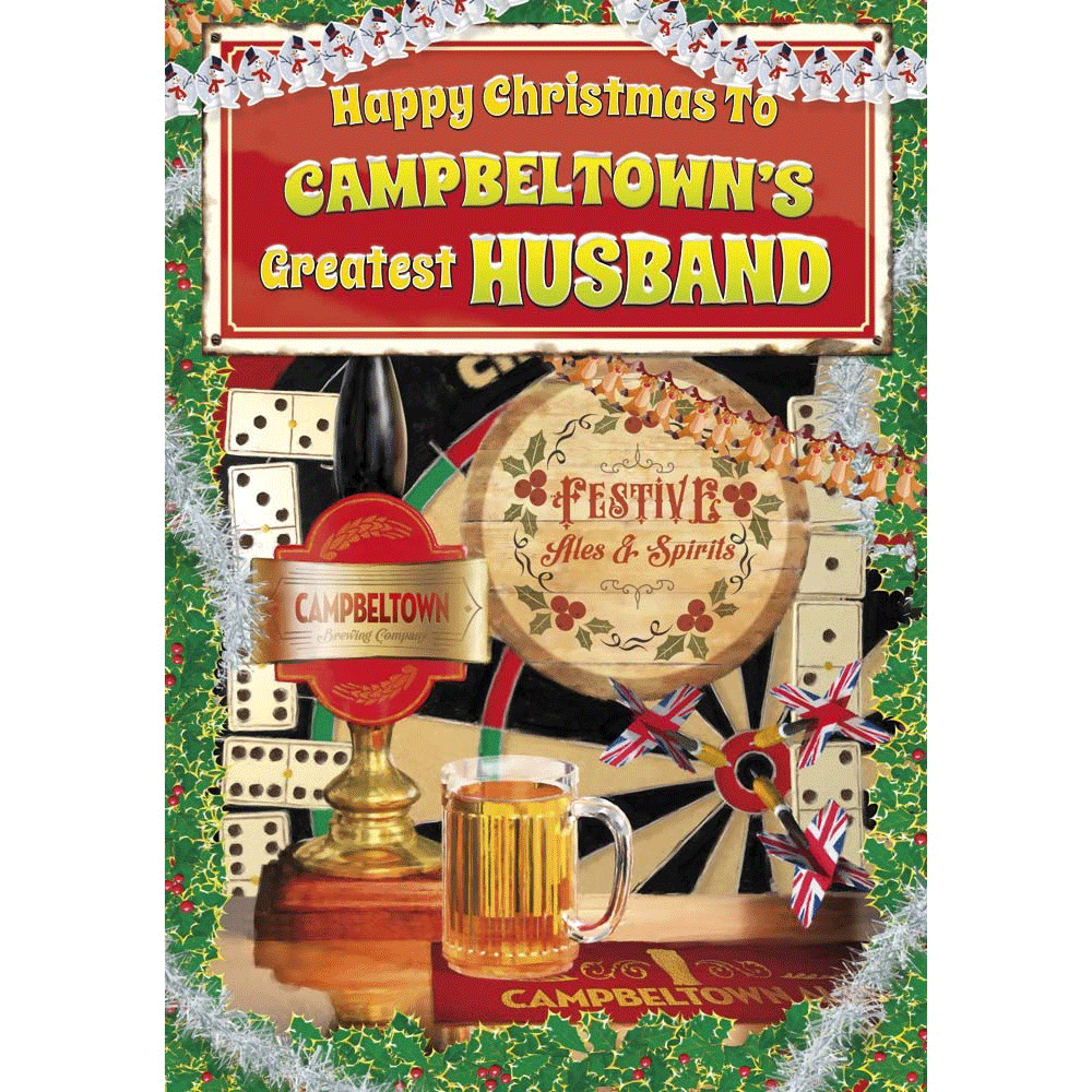 front of card showing a selection of different personalisations of this cartoon christmas card for a husband