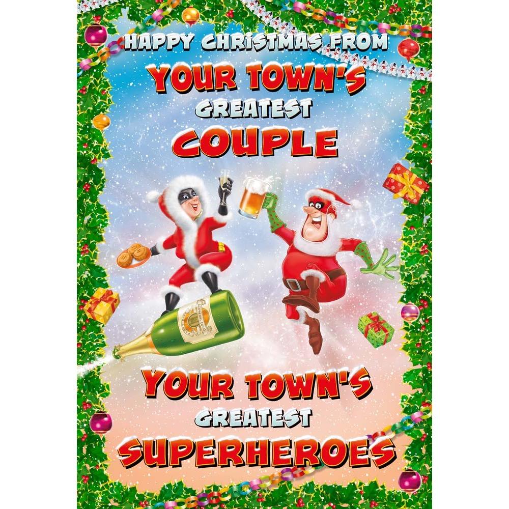 funny christmas card for a couple with a colourful cartoon illustration