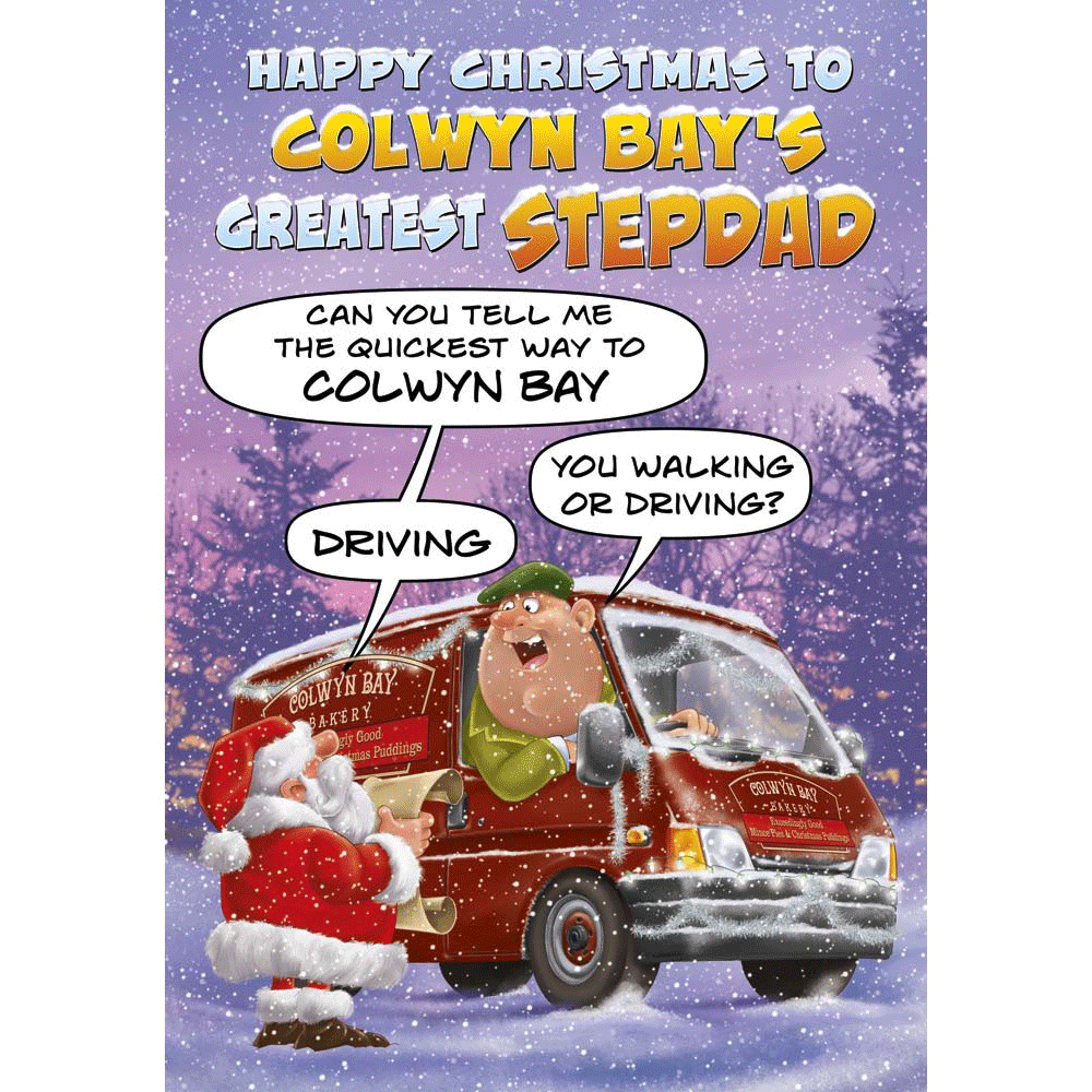 front of card showing a selection of different personalisations of this cartoon christmas card for a stepdad