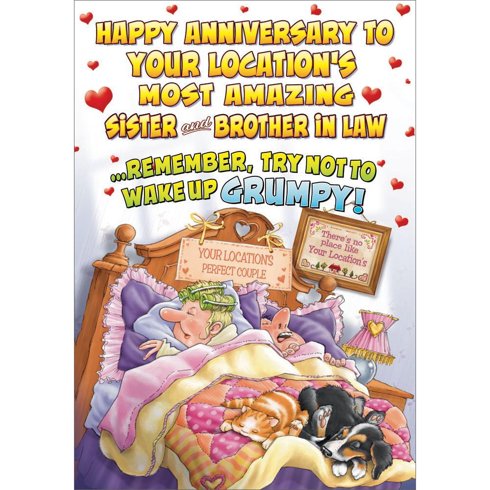 anniversary greeting card featuring humour illustration for a sister and brother in law from the up your street range