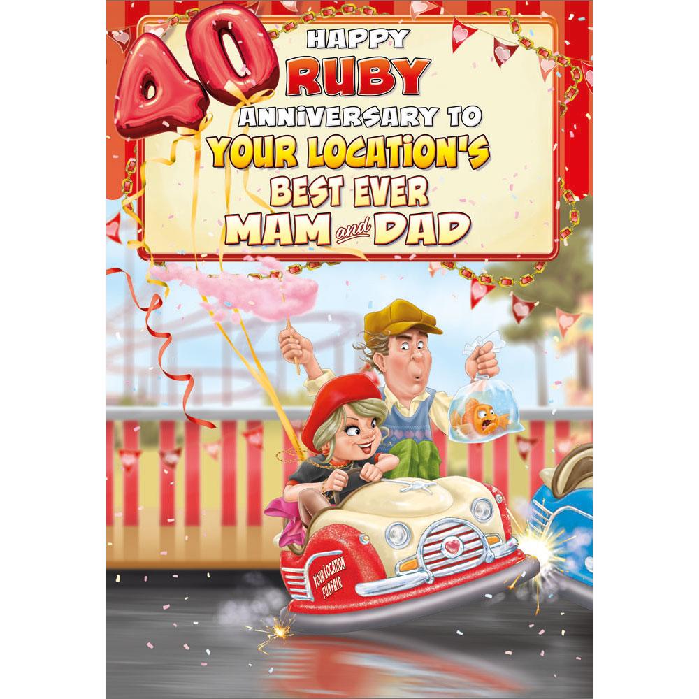 40th (ruby) anniversary greeting card featuring humour illustration for a mam and dad from the up your street range
