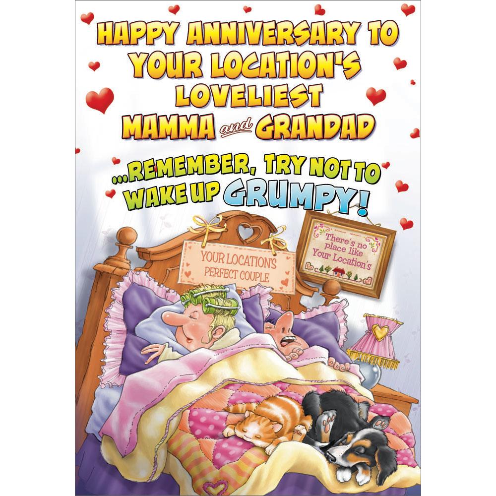 anniversary greeting card featuring humour illustration for a mamma and grandad from the up your street range