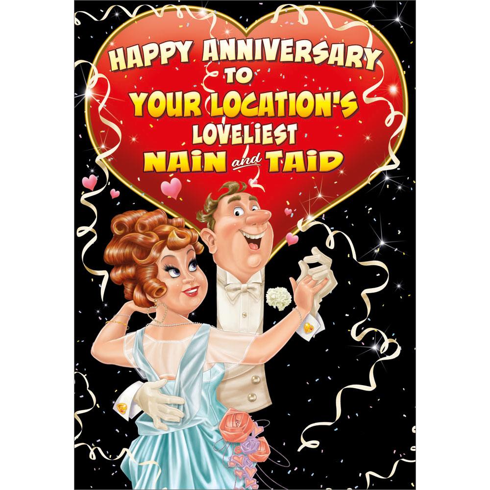 anniversary greeting card featuring humour illustration for a nain and taid from the up your street range