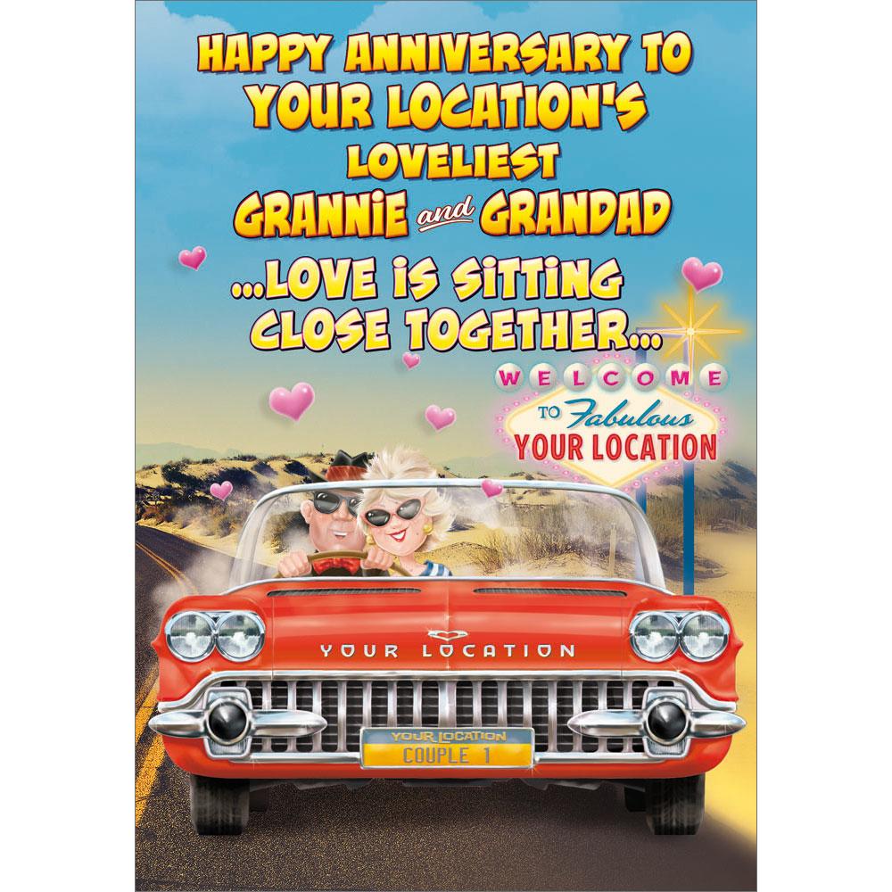 anniversary greeting card featuring humour illustration for a grannie and grandad from the up your street range