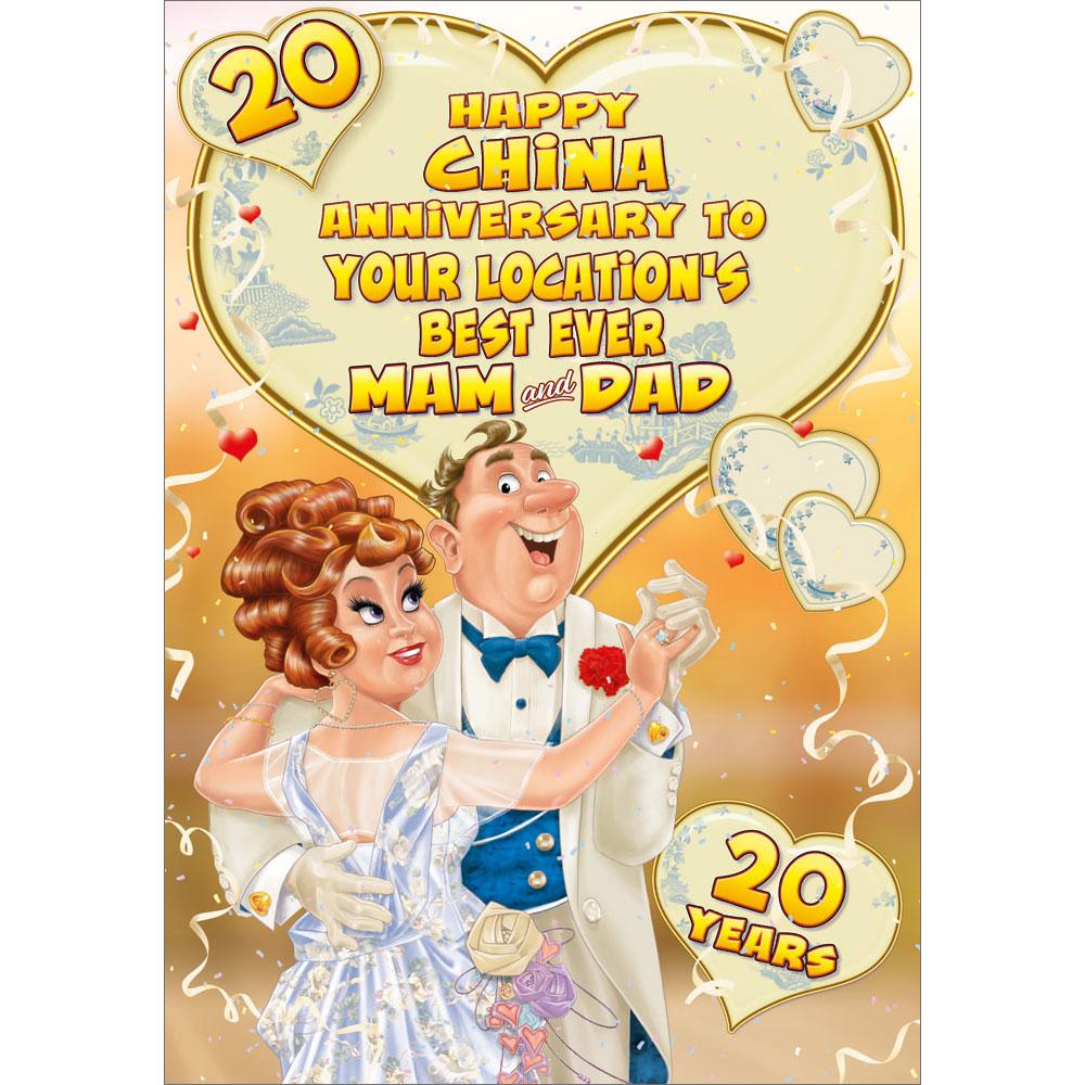 20th (china) anniversary greeting card featuring humour illustration for a mam and dad from the up your street range