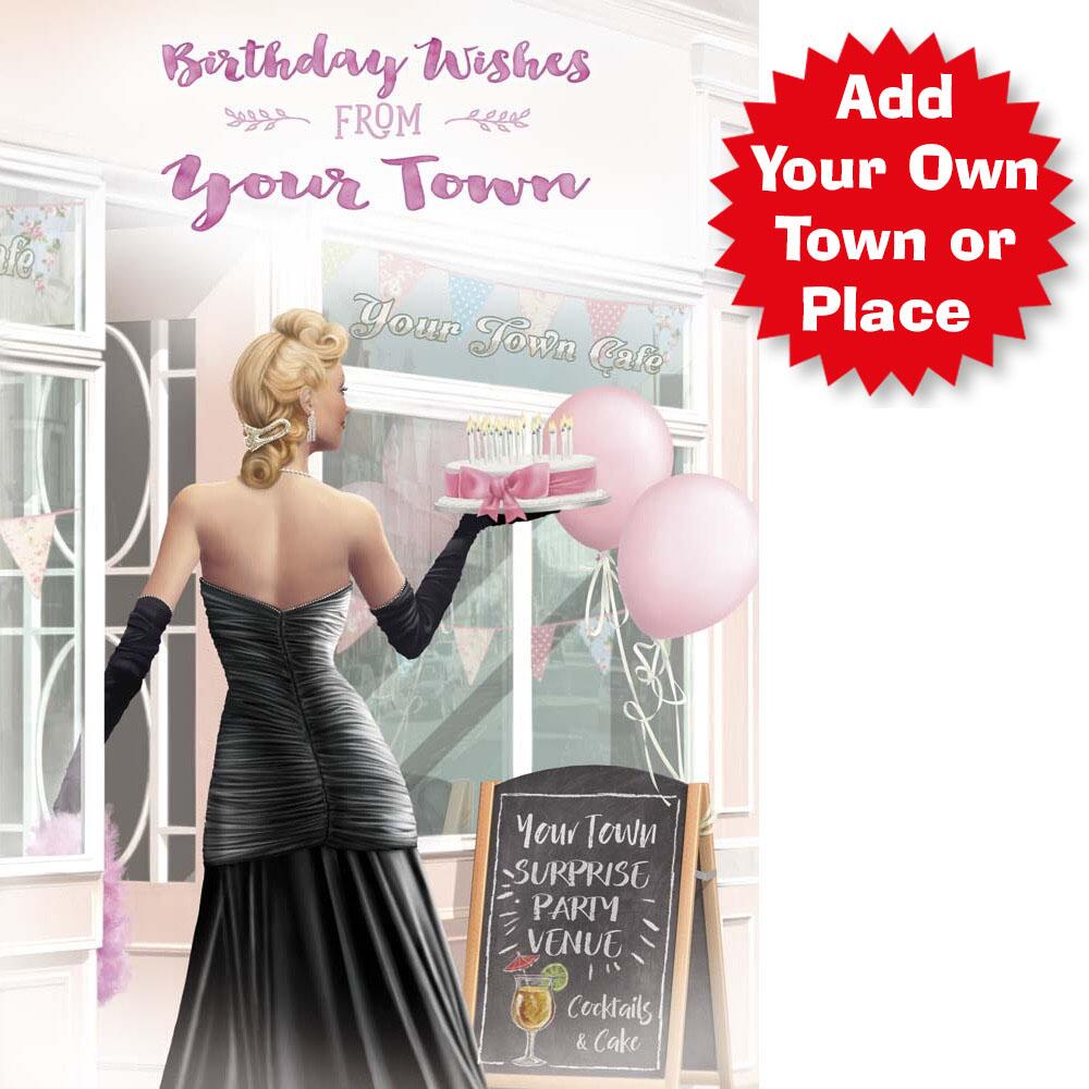 classic birthday card for a female with a colourful realistic illustration