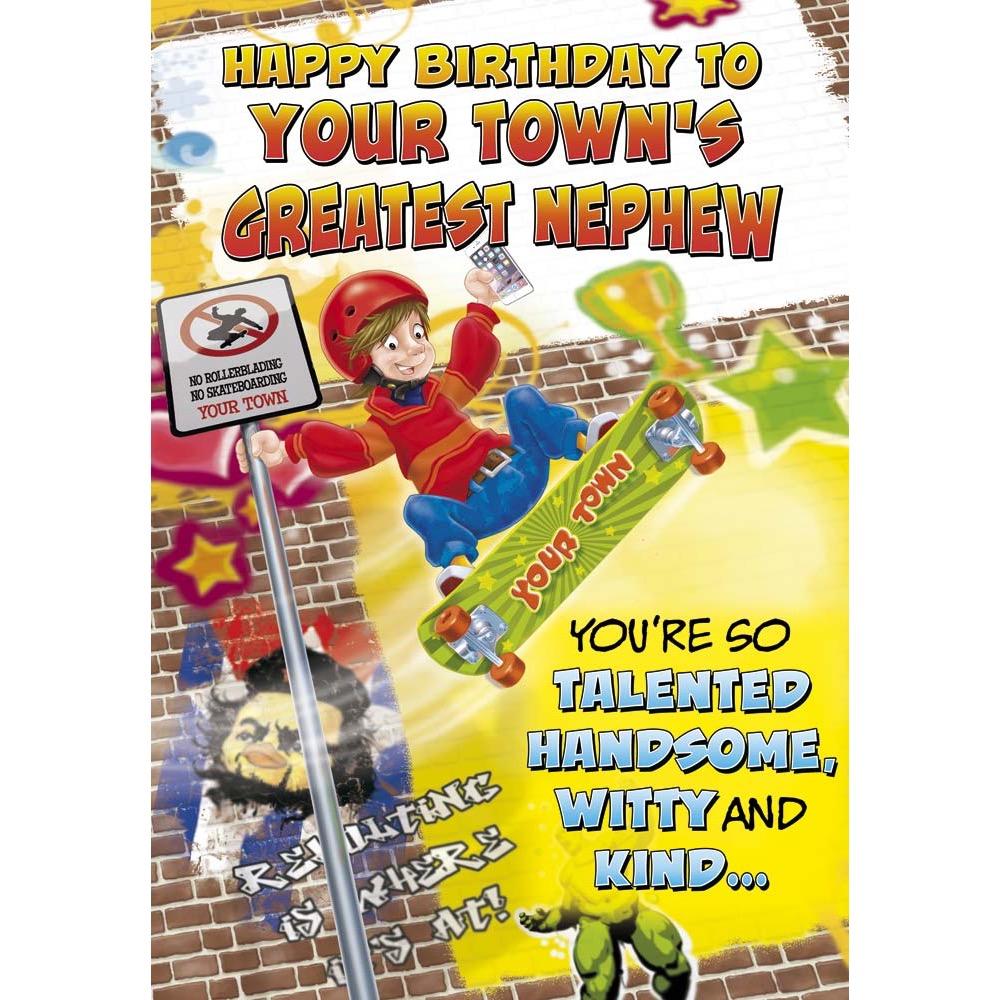 funny birthday card for a nephew with a colourful cartoon illustration
