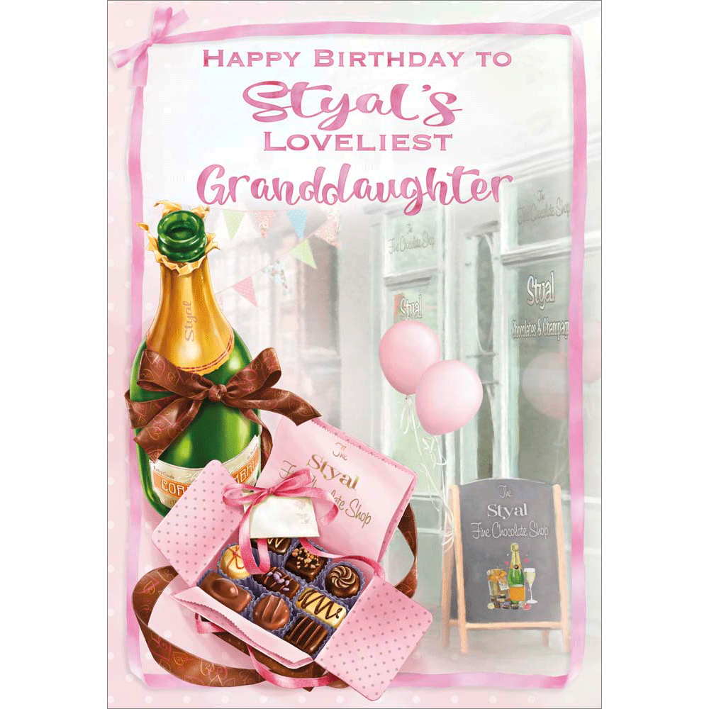 front of card showing a selection of different personalisations of this contemporary birthday card for a granddaughter