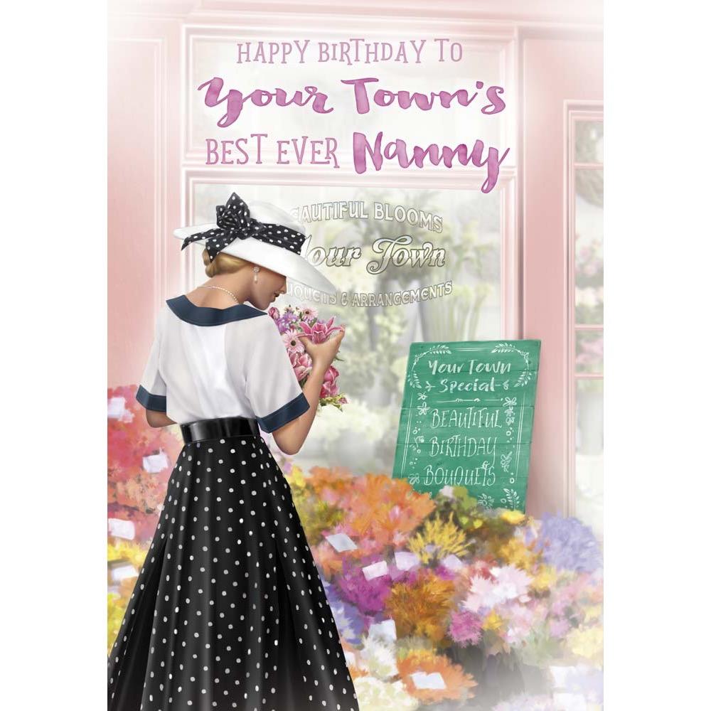 classic birthday card for a nanny with a colourful realistic illustration