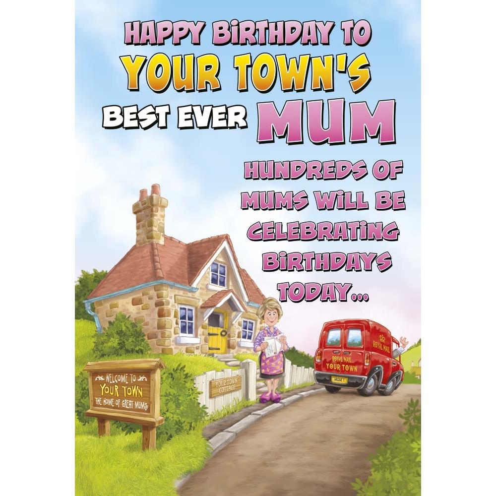 funny birthday card for a mum with a colourful cartoon illustration
