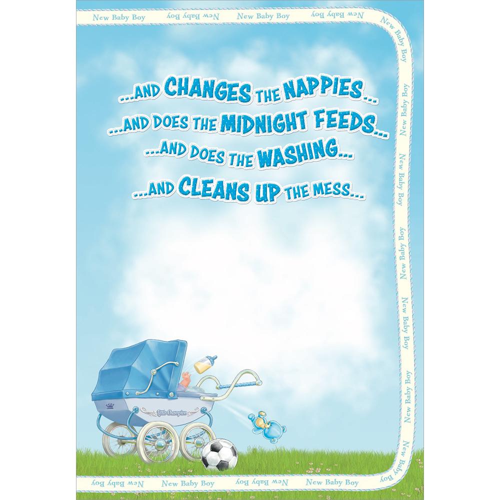 inside full colour cartoon illustration of new baby congratulations card for a boy
