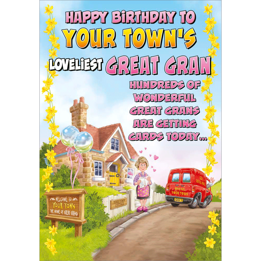front of card showing a selection of different personalisations of this cartoon birthday card for a great gran