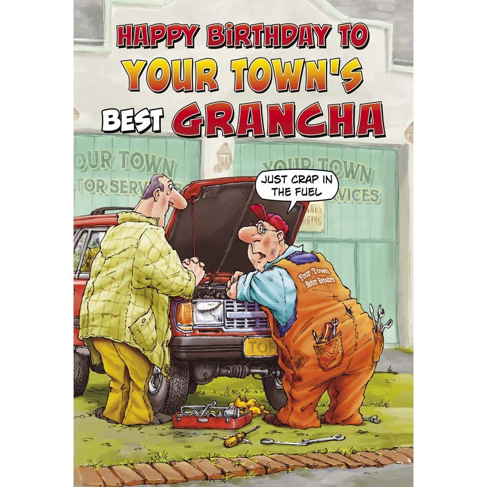 funny birthday card for a grancha with a colourful cartoon illustration