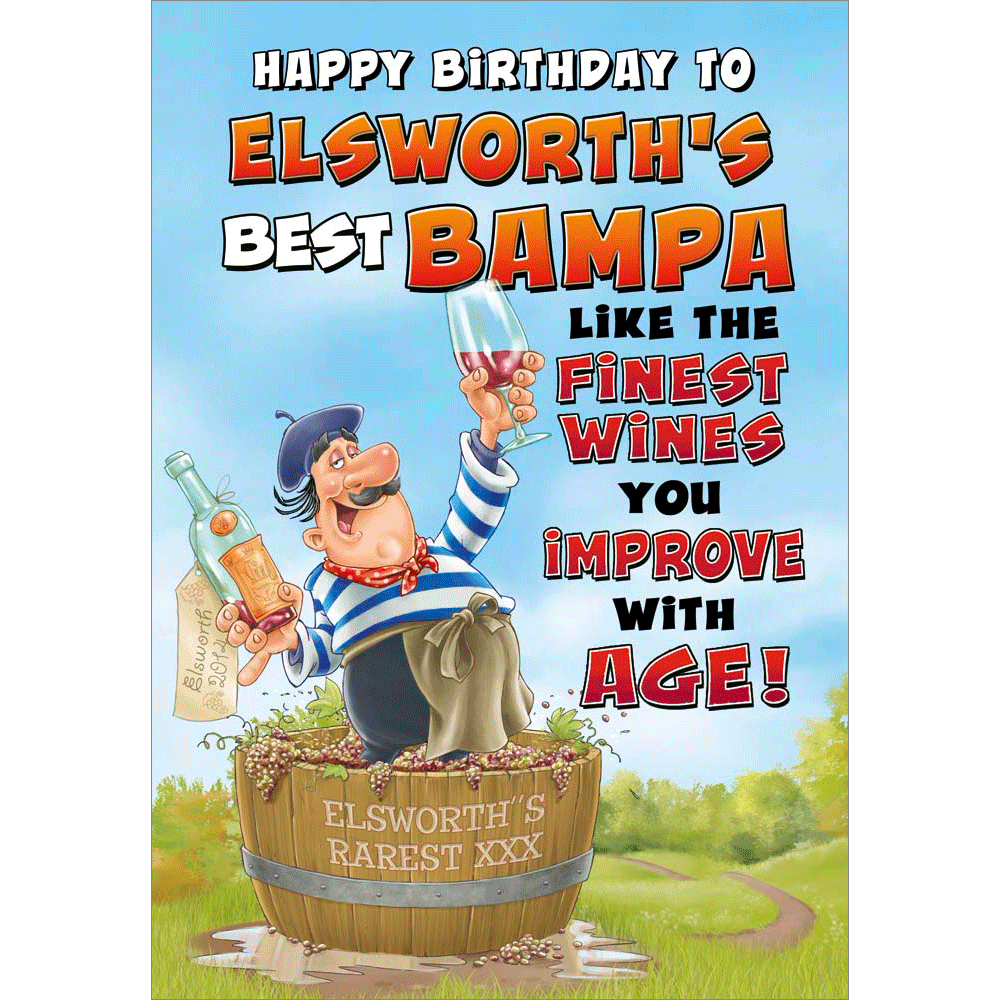 front of card showing a selection of different personalisations of this cartoon birthday card for a bampa