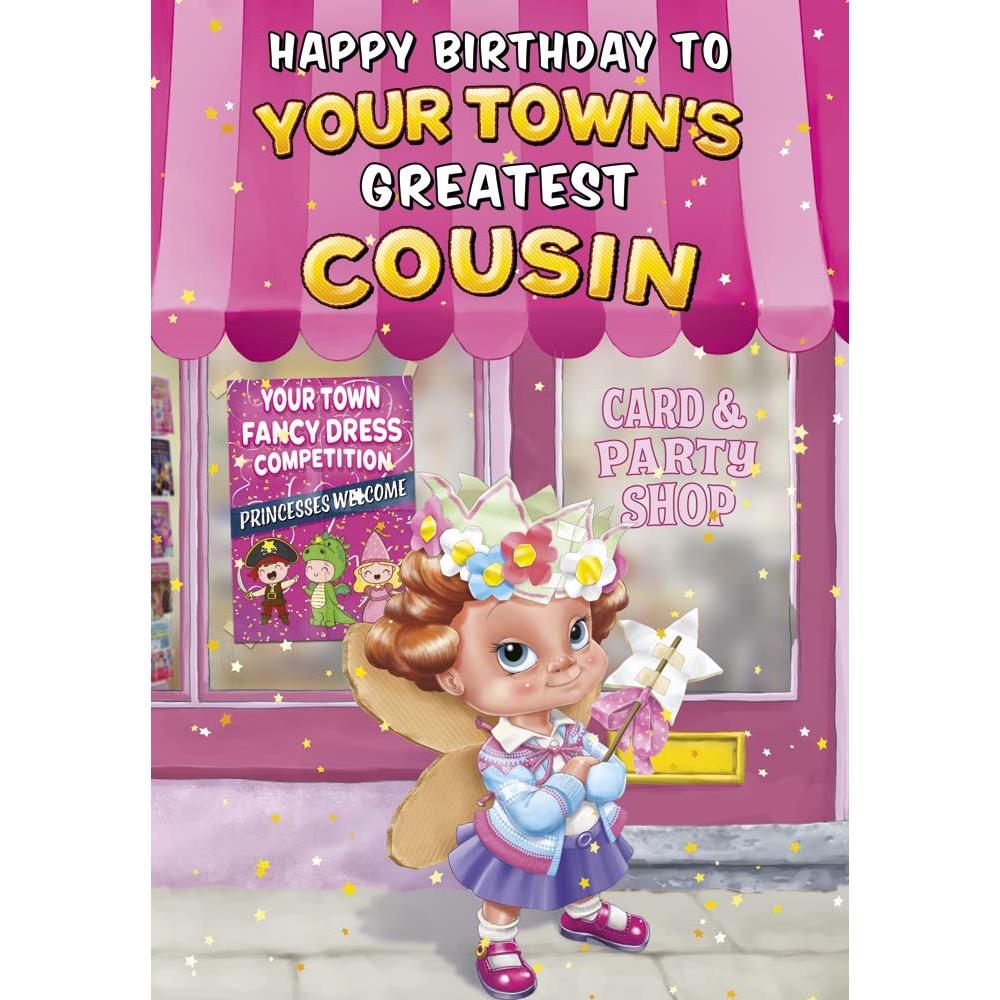 kids birthday card for a cousin female with a colourful great illustration