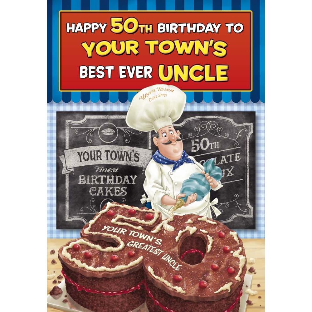 funny age 50 card for a uncle with a colourful cartoon illustration