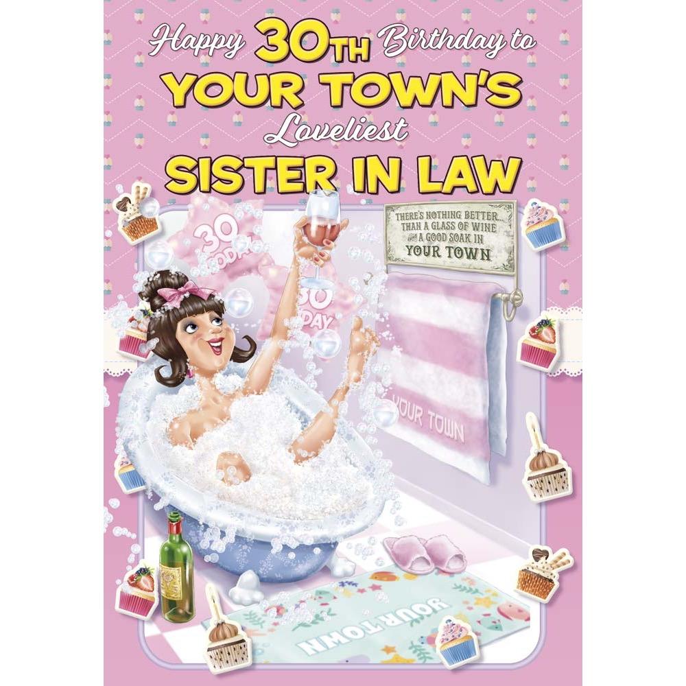 funny age 30 card for a sister in law with a colourful cartoon illustration