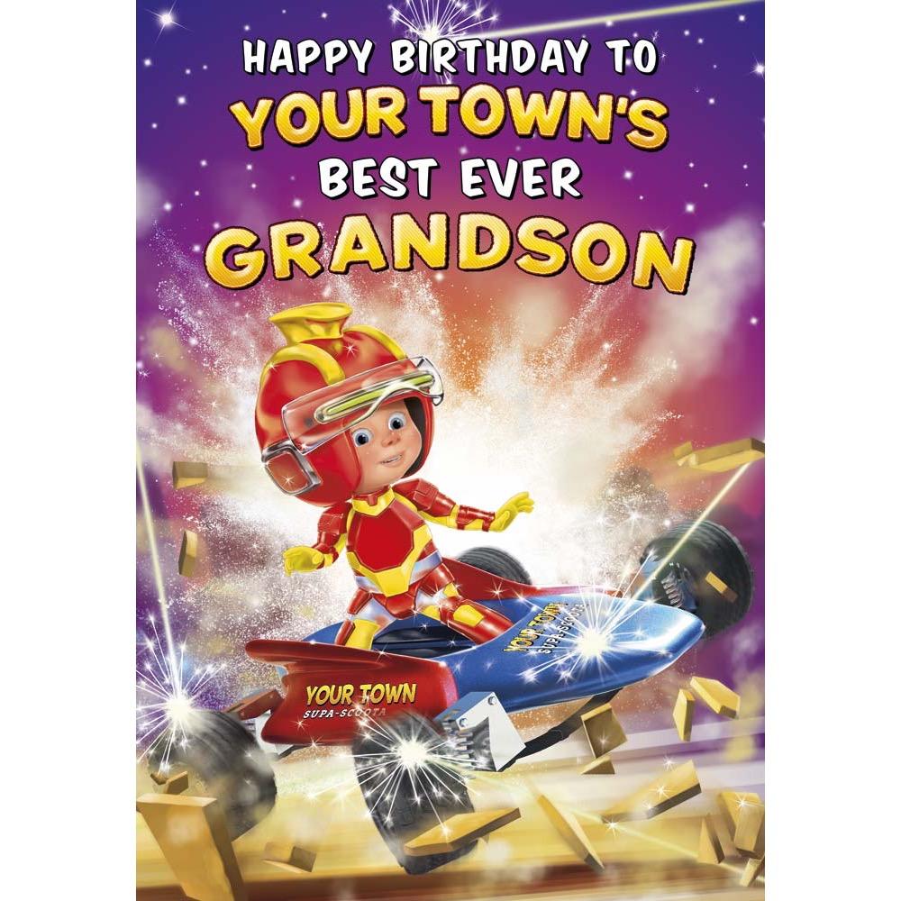 kids birthday card for a grandson with a colourful great illustration