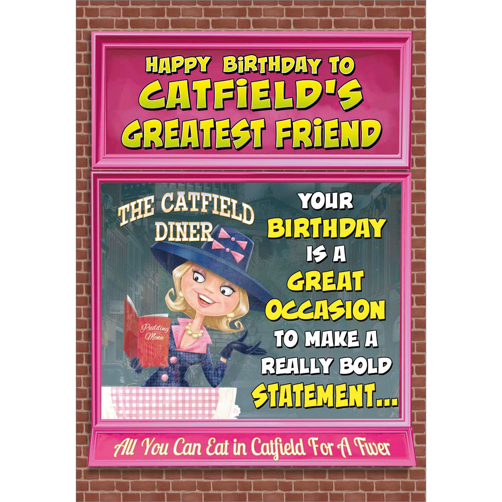 front of card showing a selection of different personalisations of this cartoon birthday card for a female