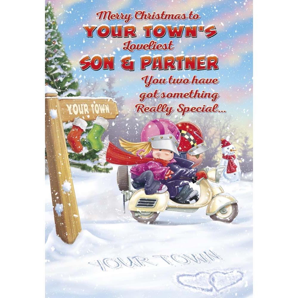 funny christmas card for a son and partner with a colourful cartoon illustration