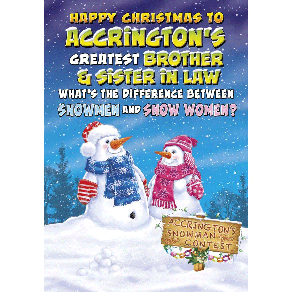 front of card showing a selection of different personalisations of this cartoon christmas card for a brother and sister in law
