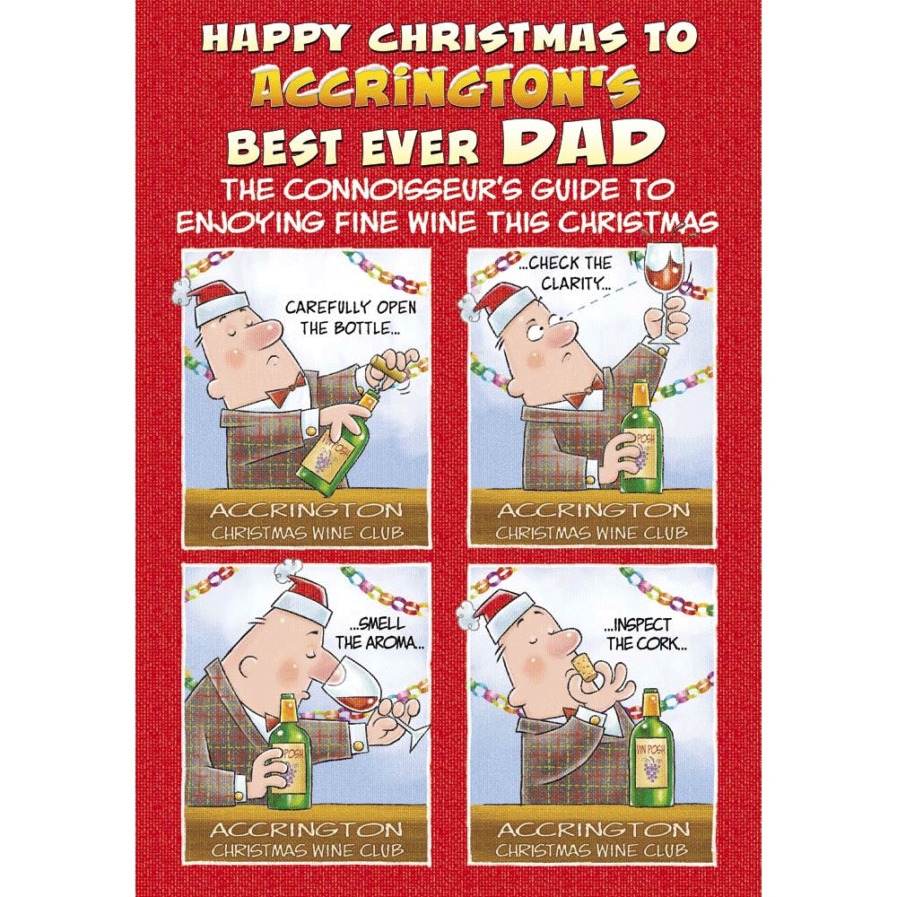 front of card showing a selection of different personalisations of this cartoon christmas card for a dad
