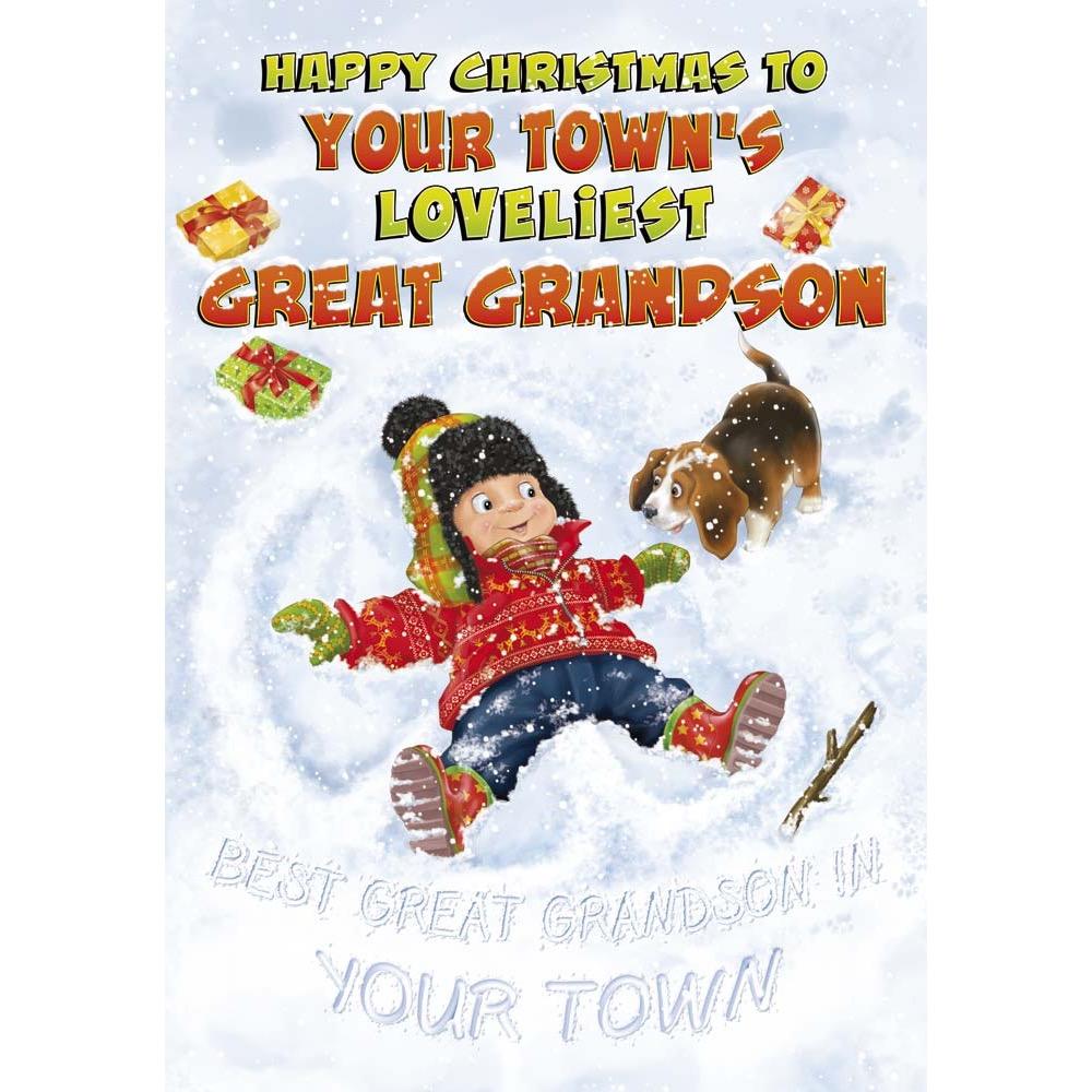 funny christmas card for a great grandson with a colourful cartoon illustration