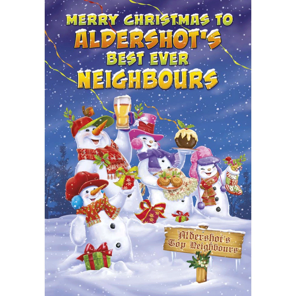 front of card showing a selection of different personalisations of this cartoon christmas card for a neighbours