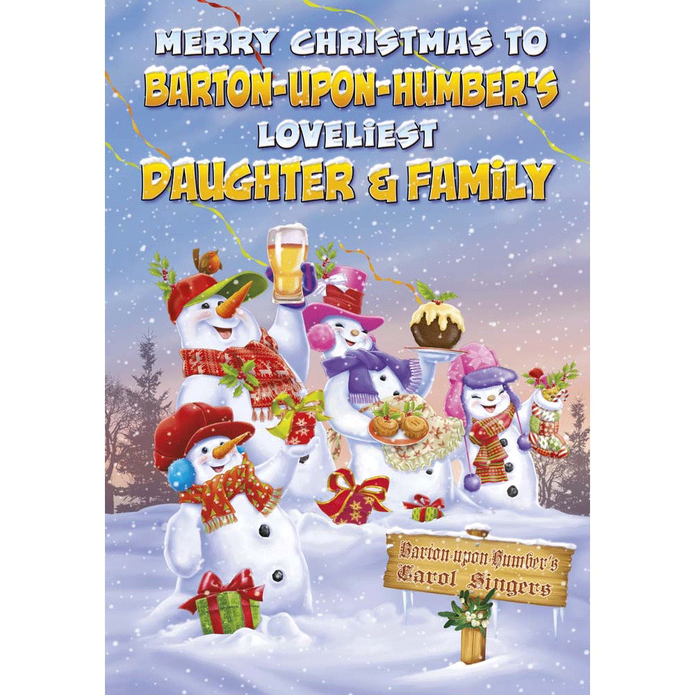 front of card showing a selection of different personalisations of this cartoon christmas card for a daughter and family