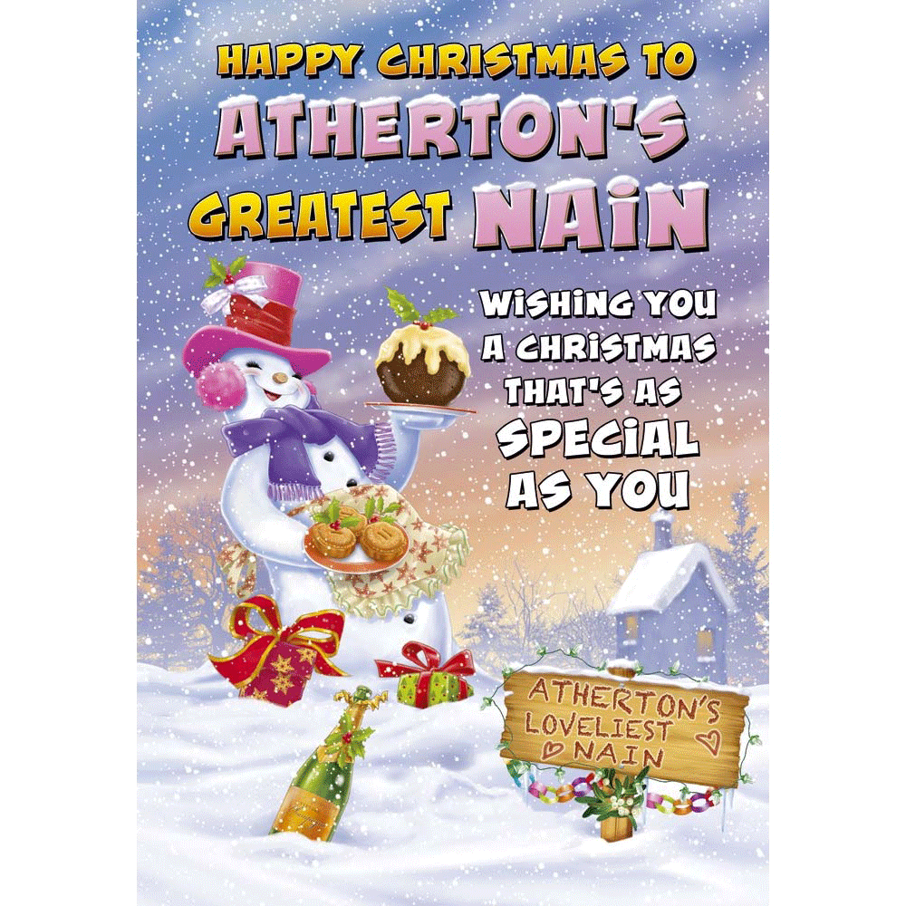 front of card showing a selection of different personalisations of this cartoon christmas card for a nain