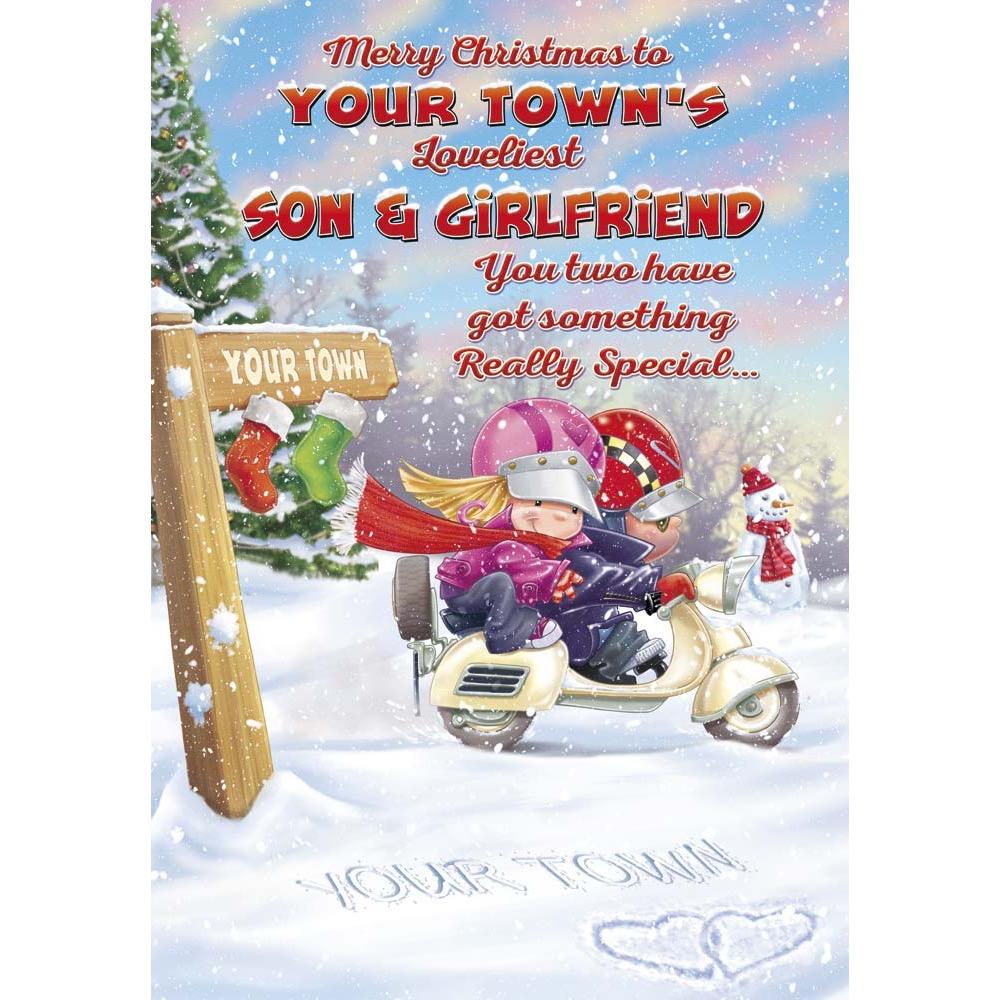funny christmas card for a son and girlfriend with a colourful cartoon illustration