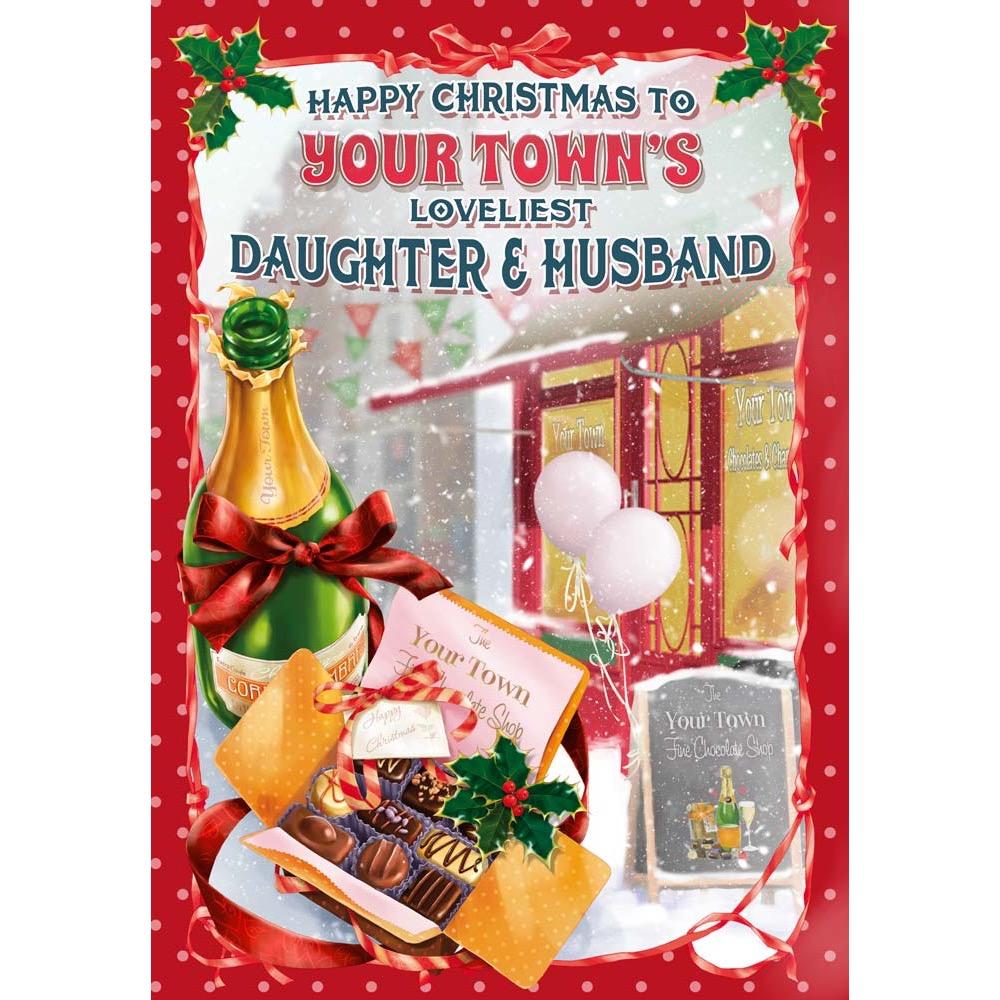 funny christmas card for a daughter and husband with a colourful cartoon illustration
