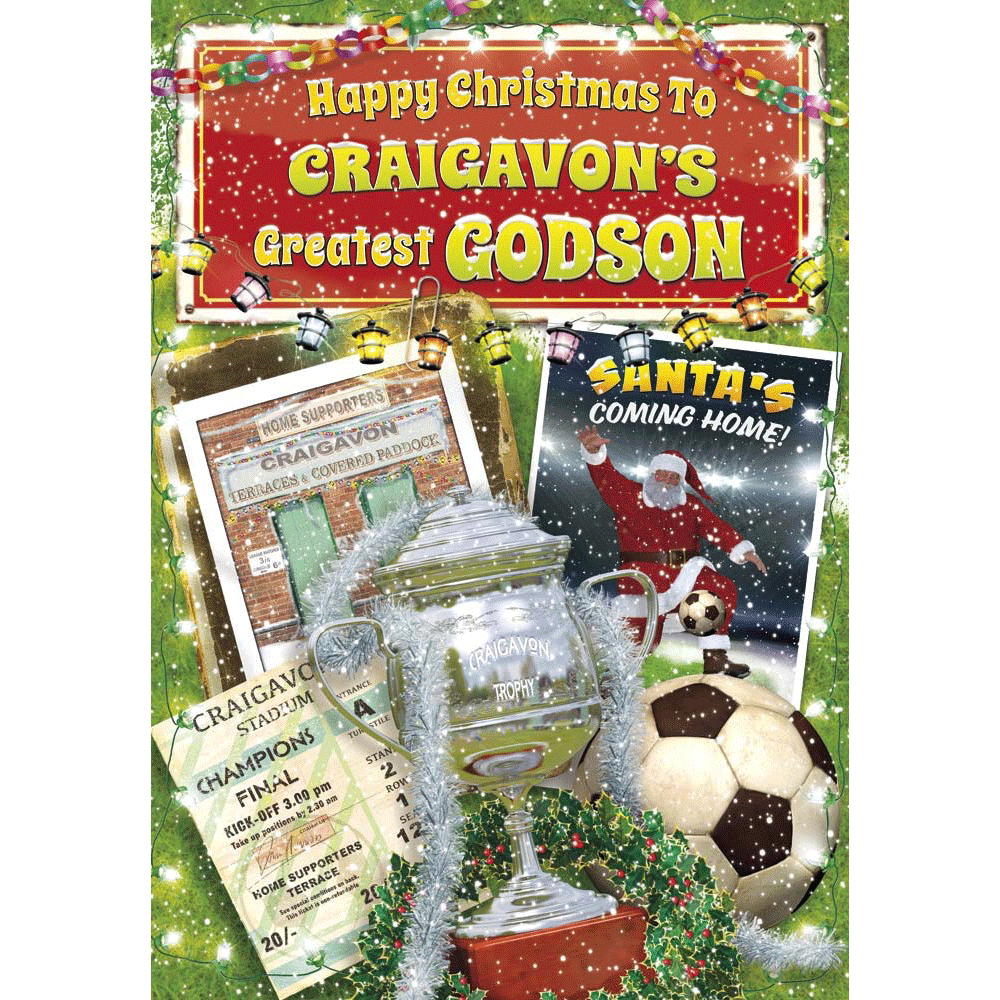 front of card showing a selection of different personalisations of this cartoon christmas card for a godson