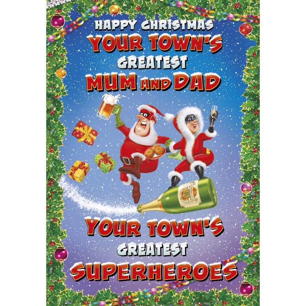 funny christmas card for a mum and dad with a colourful cartoon illustration