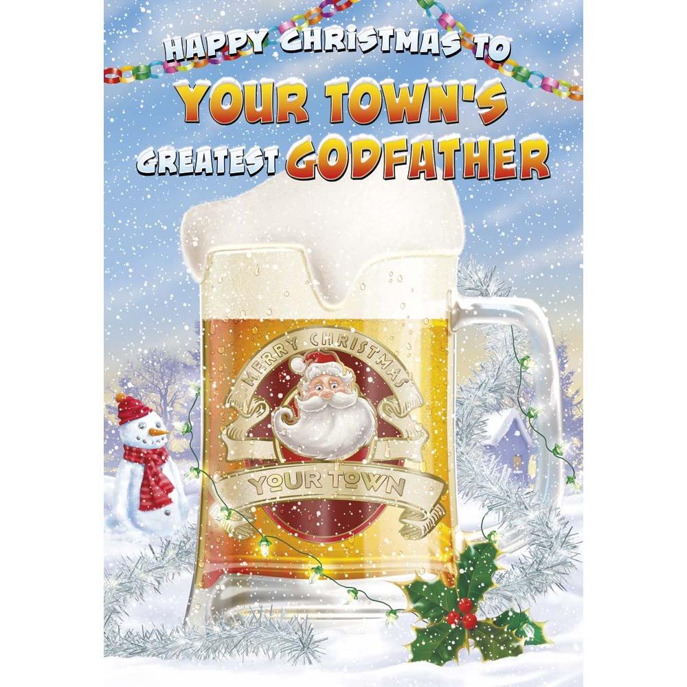 funny christmas card for a godfather with a colourful cartoon illustration