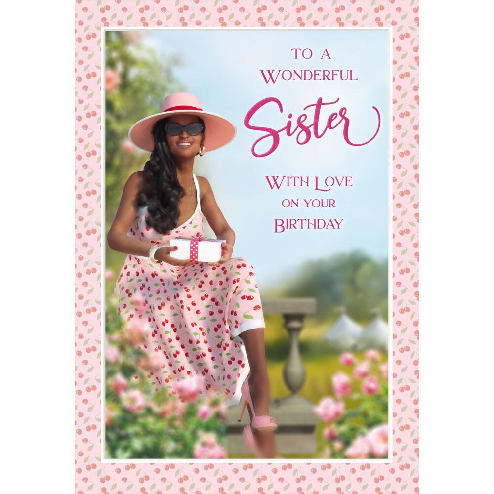 birthday greeting card featuring contemporary,francesca illustration for a sister from the studio fun range