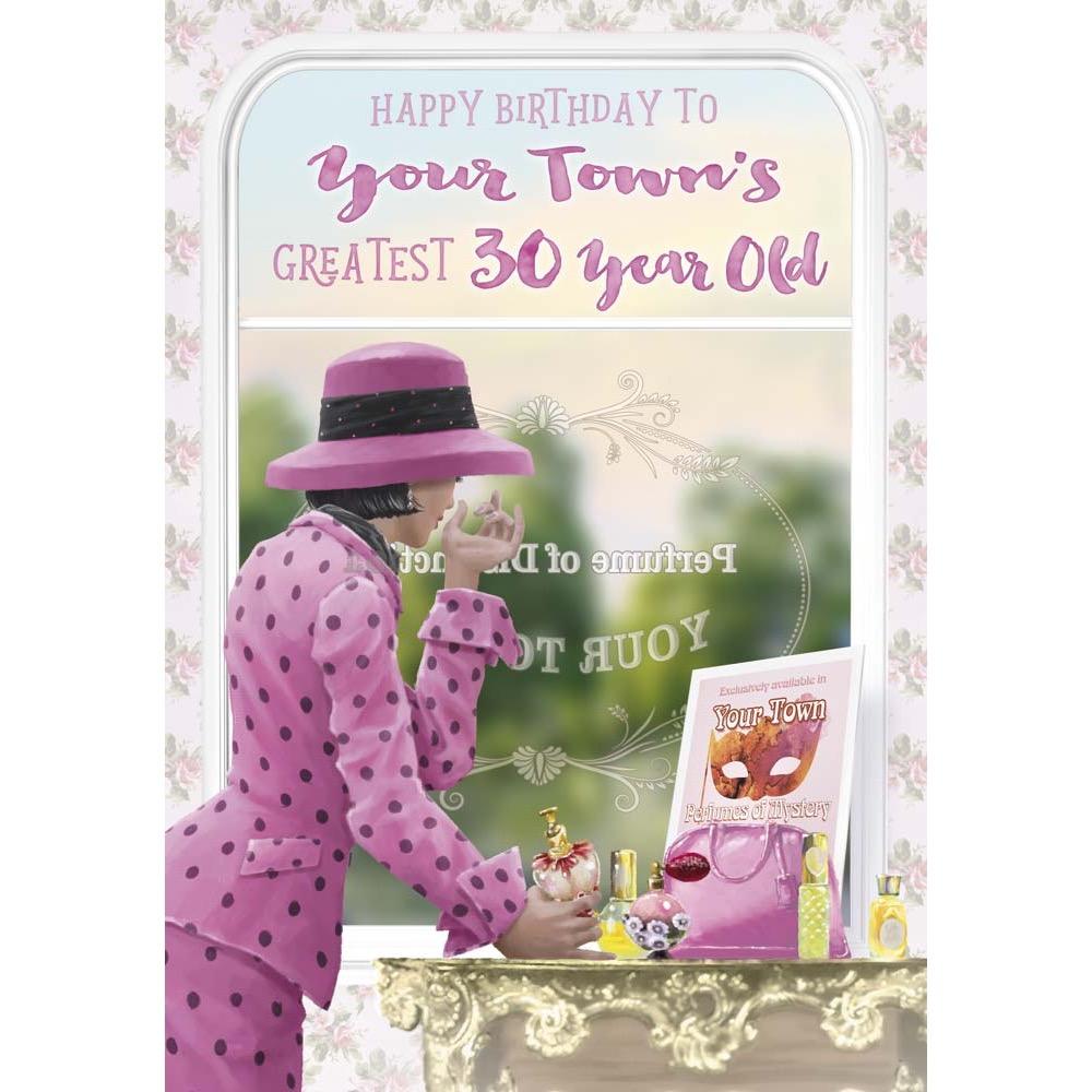 classic age 30 card for a female with a colourful realistic illustration