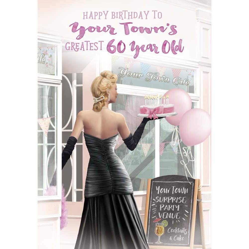 classic age 60 card for a female with a colourful realistic illustration