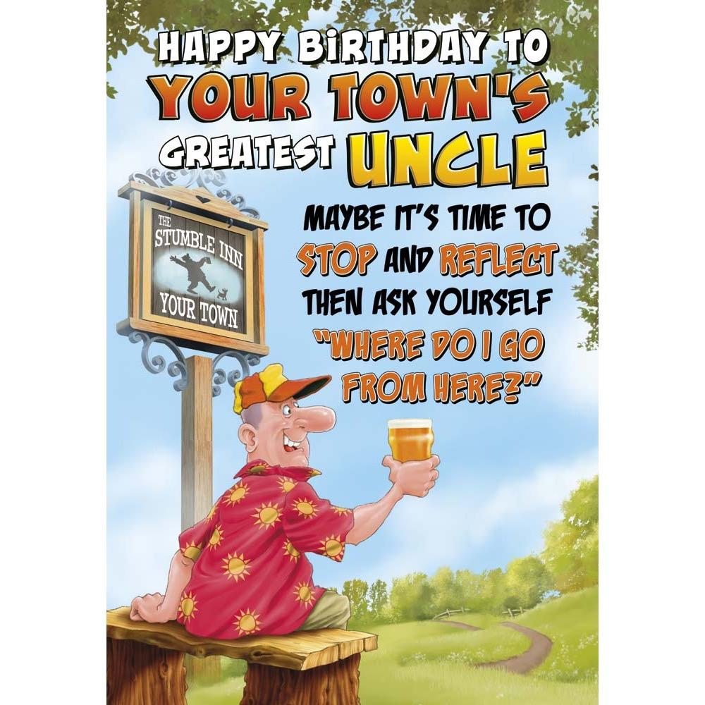 funny birthday card for a uncle with a colourful cartoon illustration