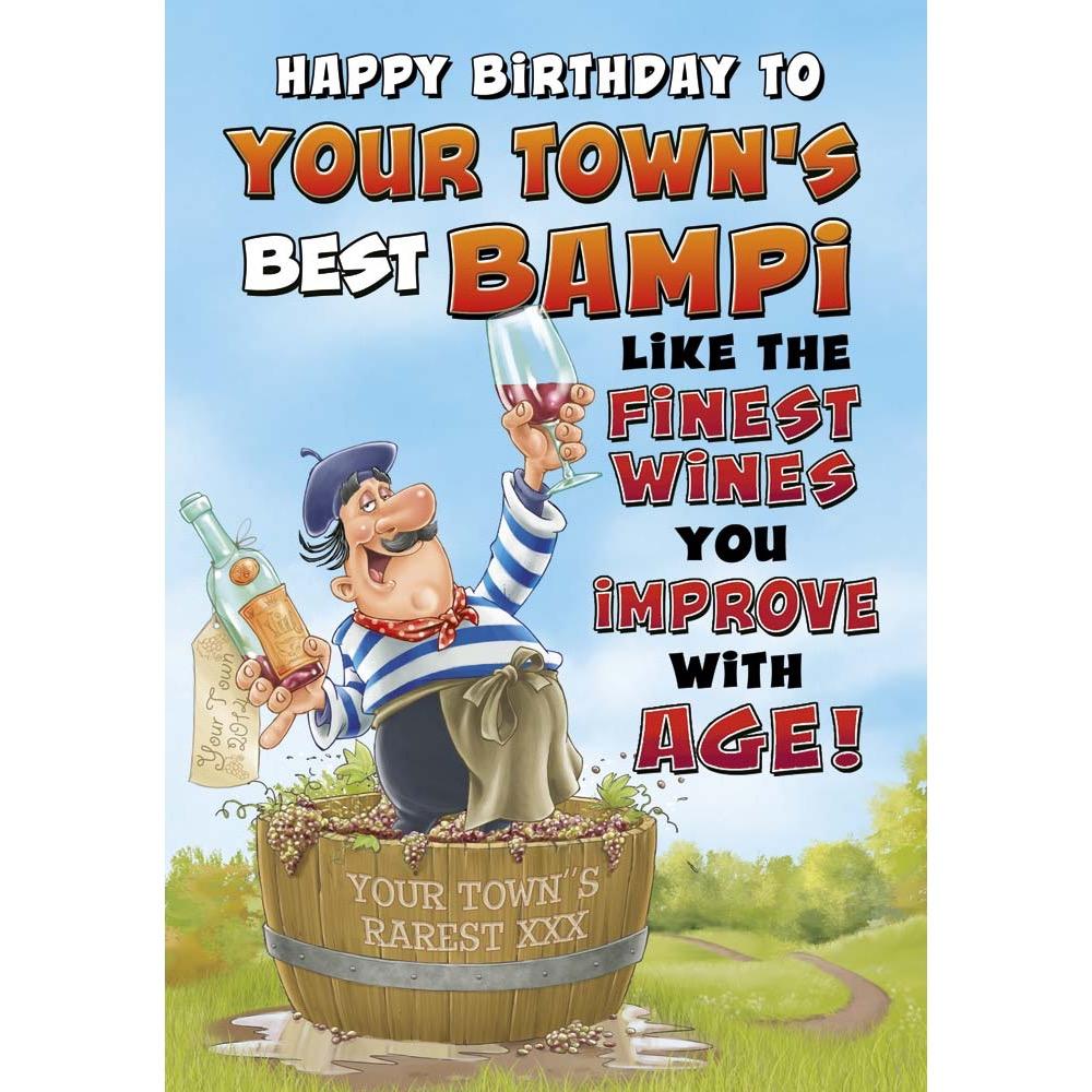 funny birthday card for a bampi with a colourful cartoon illustration