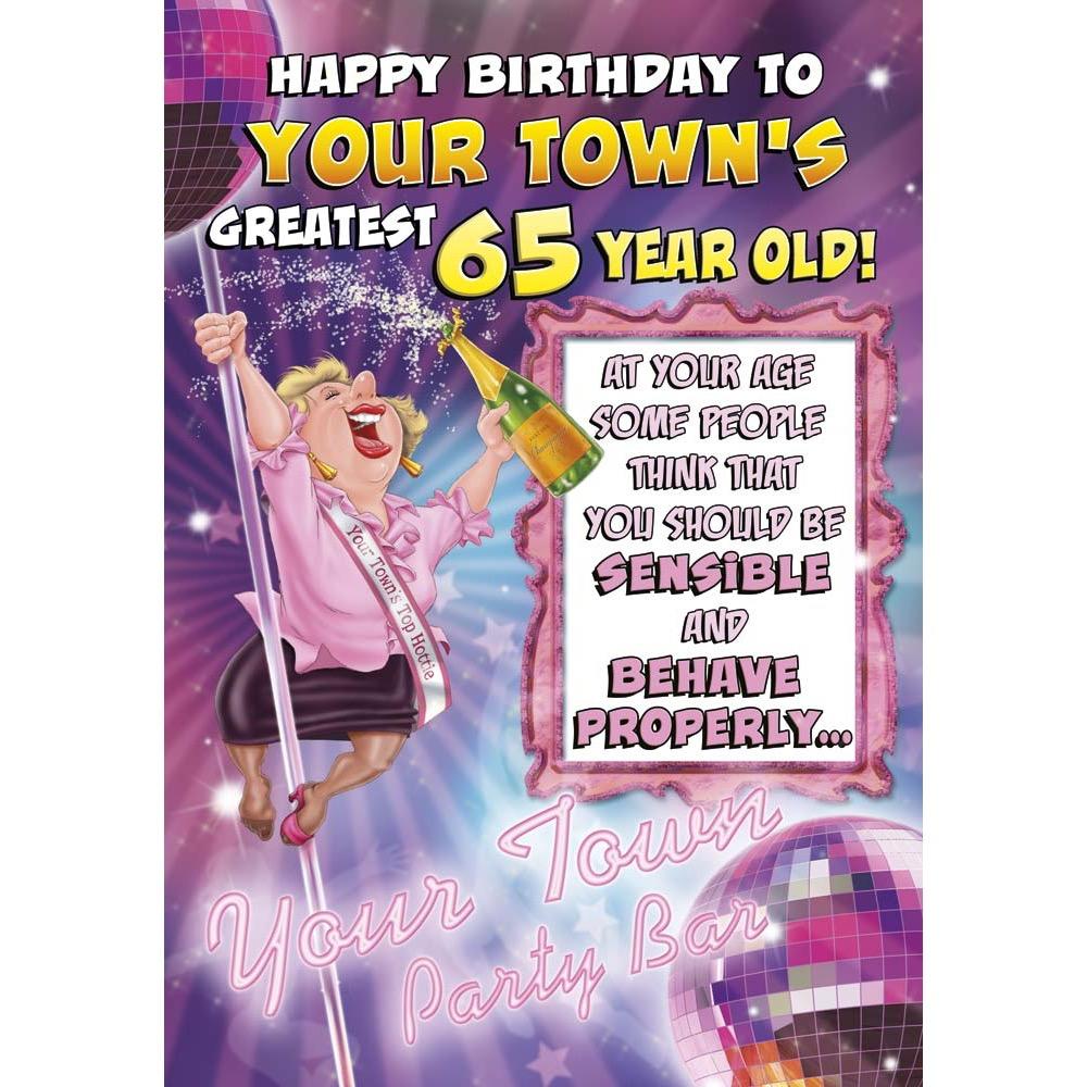 funny age 65 card for a female with a colourful cartoon illustration