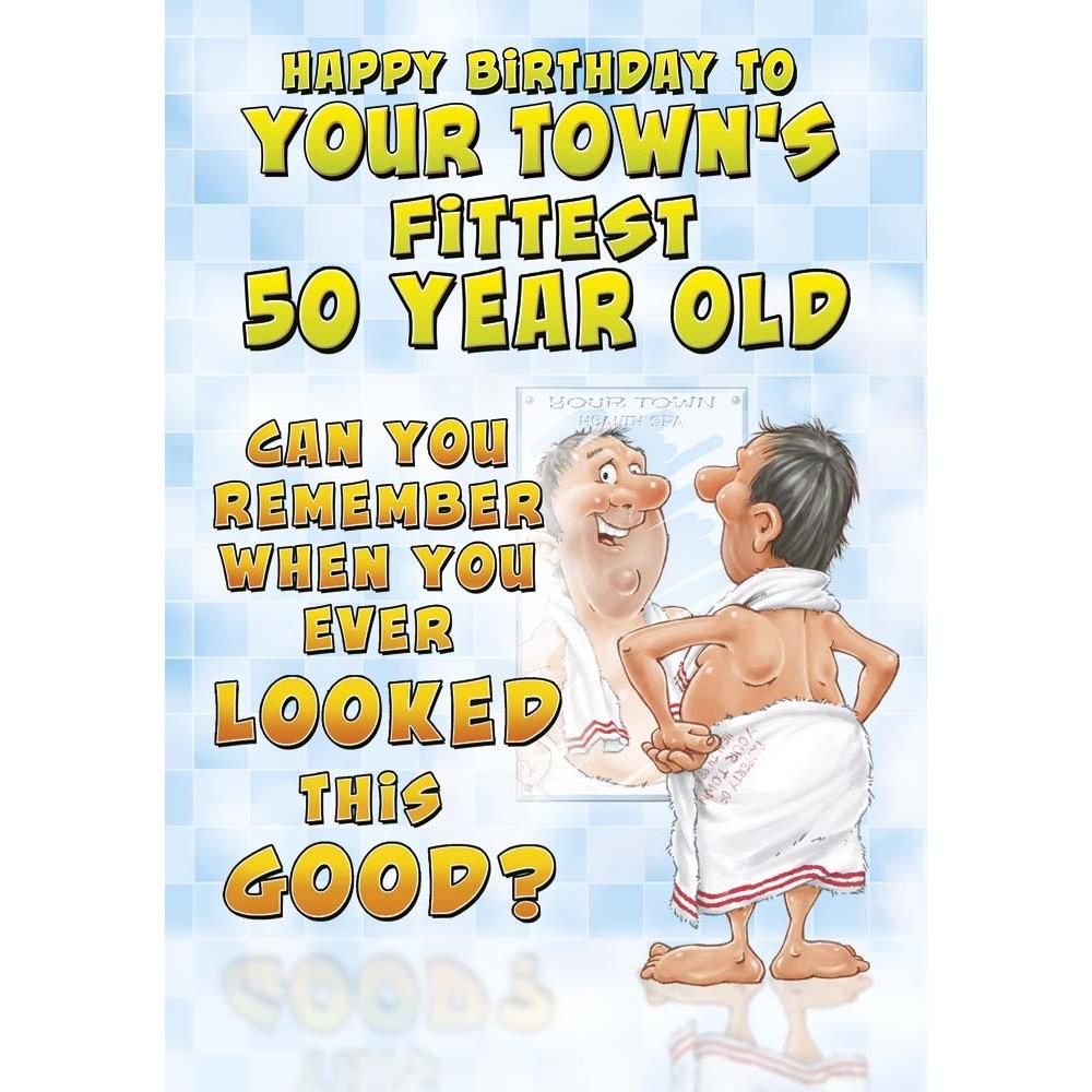 funny age 50 card for a male with a colourful cartoon illustration